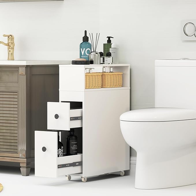 HOMGX Slim Bathroom Storage Cabinet, Narrow Floor Bathroom Organizer with Universal Wheels, Freestanding Side Toilet Storage with 2 Drawers, Rolling Bathroom Space Saver for Corner Small Spaces, White