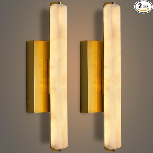 Alabaster Wall Sconces Set of Two, 15" Brass Alabaster Sconce, Spanish Natural Marble Bathroom Vanity Sconces, Rectangle Modern Sconces Lighting for Bedroom Living Room Staircases Hallway