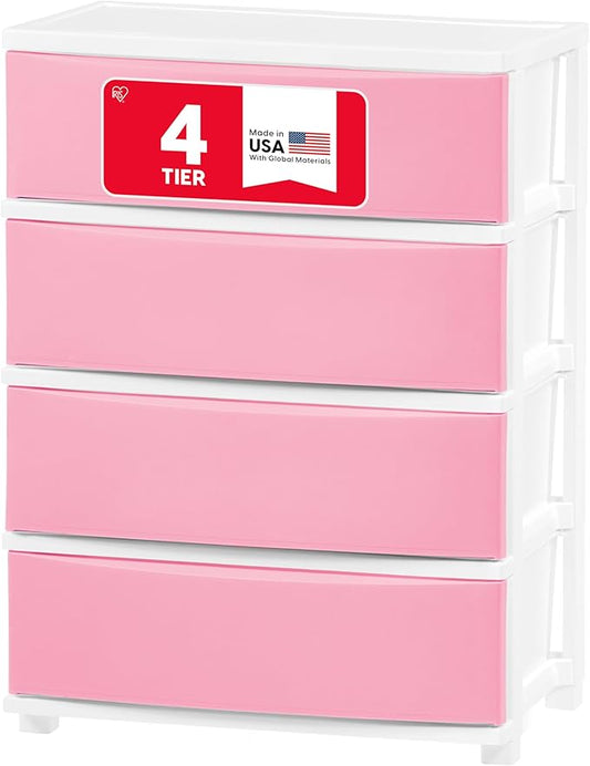 IRIS USA Plastic Drawer Storage Organizer, 4-Drawers, for Art Supplies Bathroom Dorm Bedroom Laundry Room, Wide, White Frame with Matte Pink Front Panels