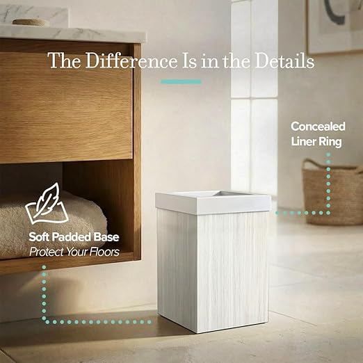 Gatco Small Bathroom Trash Can with Lid, Square 3 Gallon Wastebasket, Under Sink, White Oak with Matte White, for Bathroom, Bedroom, Office (1936W)