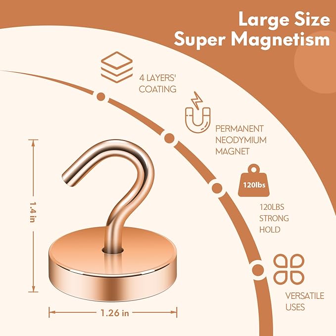 Neosmuk Magnetic Hooks, Cruise Ship Essentials, 120lb+ Heavy Duty Magnetic Hooks for Cruise Cabins, Refrigerator, Grill, Hanging, and Travel | Extra Strong Must-Haves Magnet Hook,Bronze