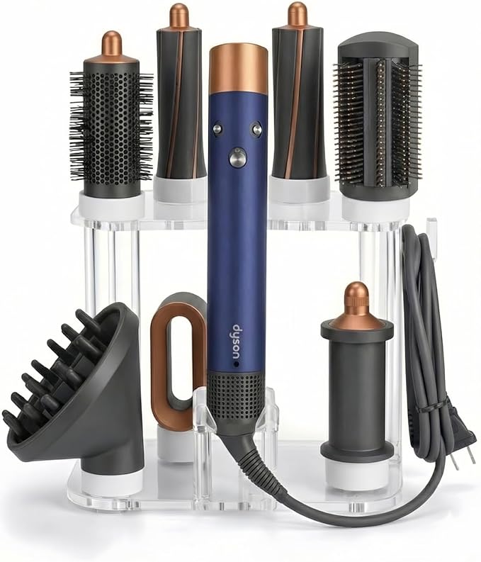 Storage Holder for Dyson Airwrap Organizer with 8 Slots, Clear Acrylic Wall Mount Or Freestanding Stand Fits Shark Hair Dryer Holder, Silicone Pads for Bathroom Vanity Countertop
