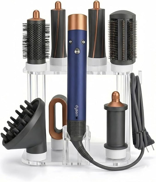Storage Holder for Dyson Airwrap Organizer with 8 Slots, Clear Acrylic Wall Mount Or Freestanding Stand Fits Shark Hair Dryer Holder, Silicone Pads for Bathroom Vanity Countertop
