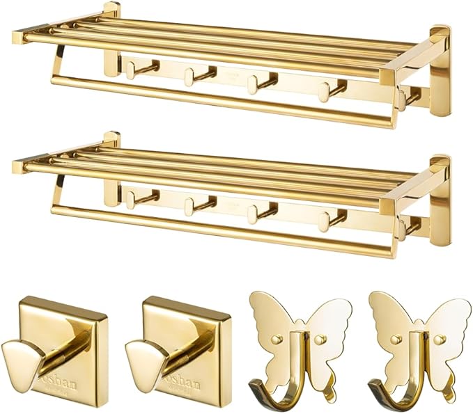 Roshan 6-Pieces Handcrafted and Hand Polished Multi Purpose Towel Rack, SUS304 Stainless Steel Rust Proof and Peel Resistant Towel Shelf, Includes 4 Handmade Hooks (6, Gold)