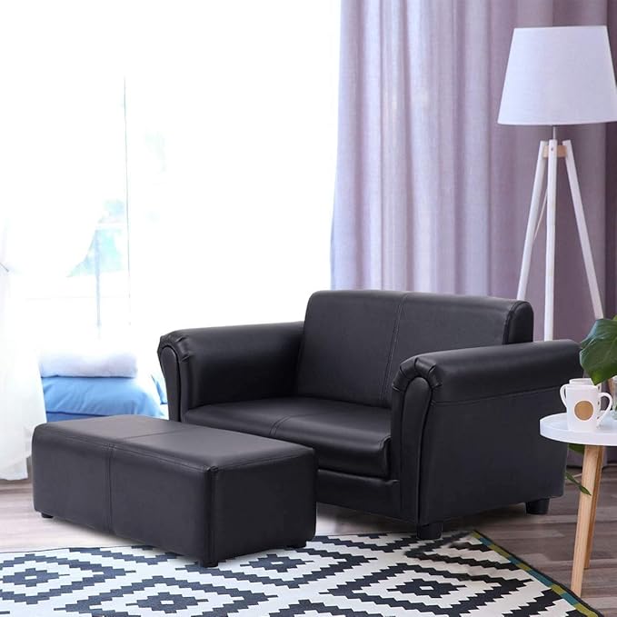Costzon Kids Couch with Footstool, 2 in 1 Double Seat Children's Sofa w/PU Leather Surface, Armrest Chair Lounge, Soft Kids Sofa for Preschool Bedroom Kids Room Toddlers Boys Girls Birthday (Black)