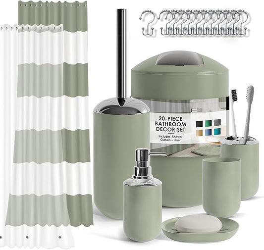 Clara Clark Bathroom Set - Sage Green Bathroom Accessories Set, 20PC Bathroom Accessory Set, Shower Curtain Set with Liner, Toothbrush Holder, Soap Dispenser, Soap Dish, and Toilet Brush Holder