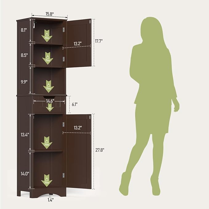 Gizoon 67" H Tall Bathroom Cabinet, Storage Cabinet with 2 Doors & Drawer, Narrow Linen Tower Freestanding Adjustable Shelves for Home, Kitchen, Versatile, Anti-Tipping, Dark Brown | Tall, 2 Doors, Drawer, Narrow, Freestanding, Adjustable Shelves
