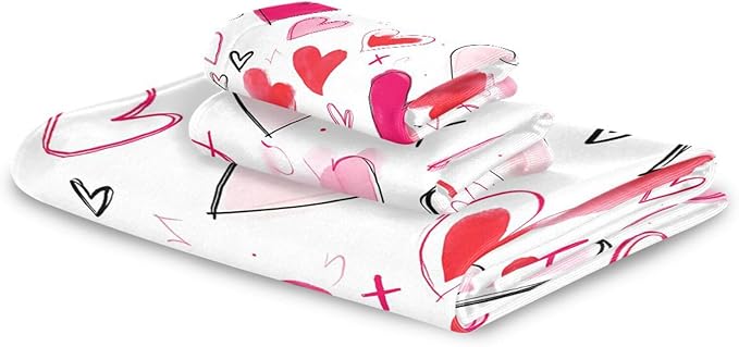 Doodle Romantic Pink Heart Towels Set of 3 Romantic Pink Red Love Spring Bathroom Towel Soft Absorbent Bath Hand Towels Washcloth Guest Towel Sets Mother's Valentine's Day Decorations