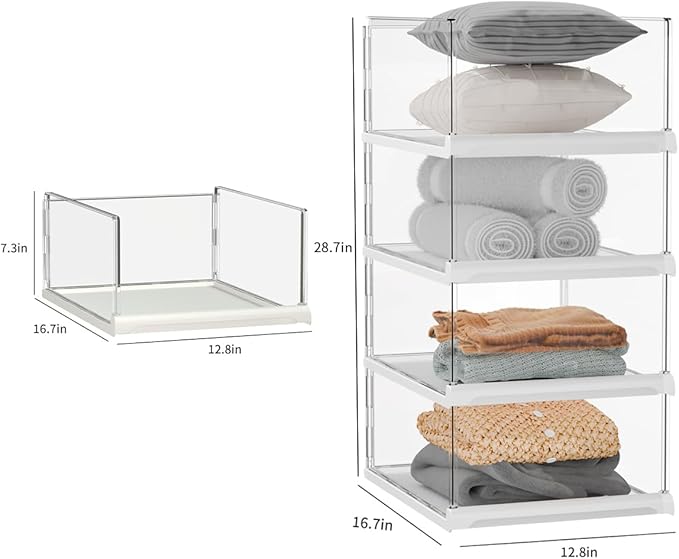 Vaela 4 Pack Stackable Closet Organizers and Storage Shelves,Transparent Multifunctional &Foldable Sweater Storage for Closet, Bathroom, Kitchen, Cupboard, Laundry Room, and Office