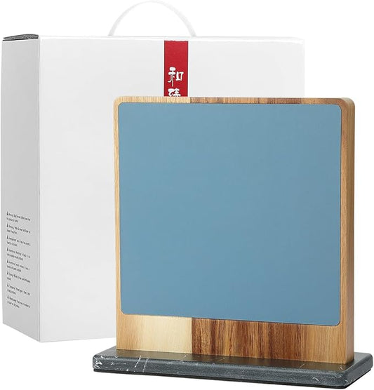 HEZHEN Double-sided Magnetic Knife Holder without Knives, Acacia Wood Knife Block with Leather Cover, Space-saving Knife Storage, Strong Enhanced Magnets Strip, Non-slip Marble Base