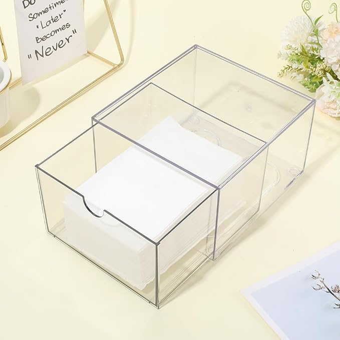 CREATCABIN Disposable Face Towel Holder Face Cloth Storage Box Clear Acrylic Stackable Makeup Clean Skin Club Towels Organizer Container Bin with Drawer for Bathroom Coutertop Accessory 6.5 x 6 x 3.9