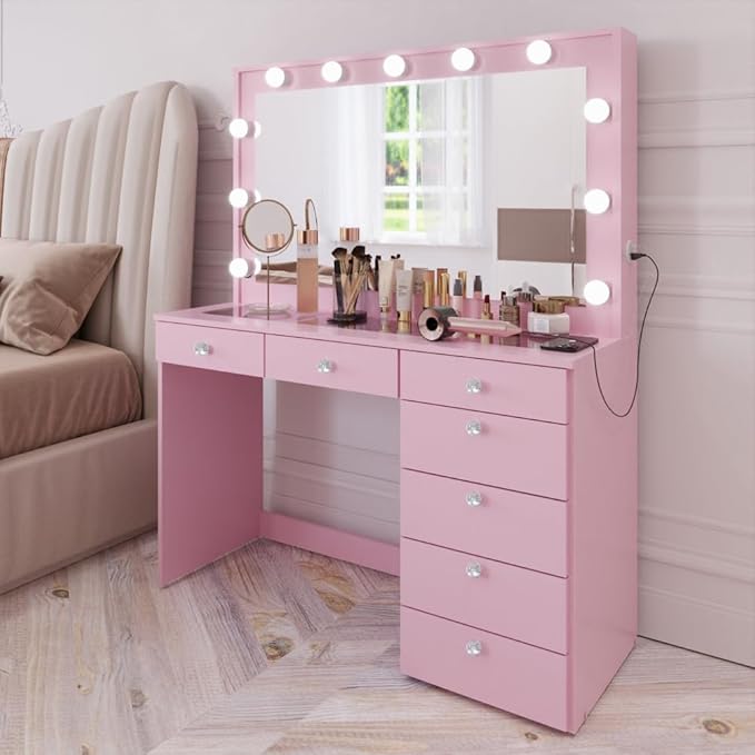 Boahaus Serena White Makeup Vanity with Mirror and 11 Lights, 7 Drawers, Glass Top, Crystal Knobs, USB-A & USB-C Ports, 110V Power Outlet, Bedroom Vanity Desk (Pink-1)