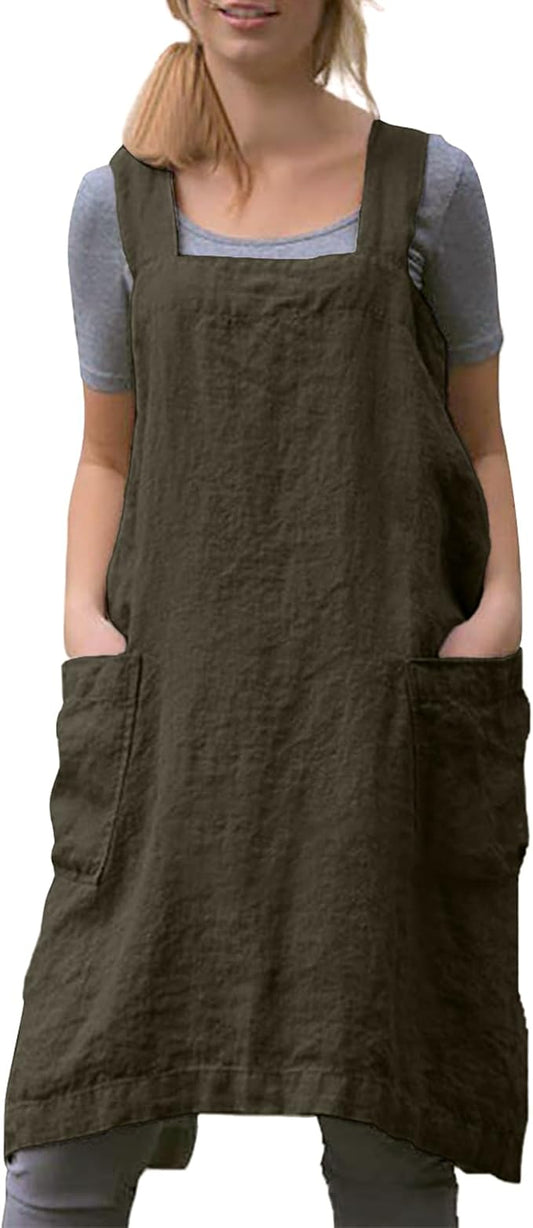 Women Apron with 2 Pockets Cotton Linen Kitchen Baking Cooking Chef Cross Back Pinafore Dress