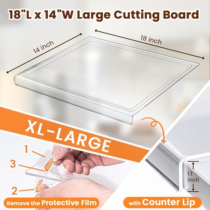 Acrylic Cutting Board with Counter Lip, 18x14 Inch Clear Cutting Boards for Kitchen Counter with Juice Groove, Non Slip for Countertop Protector, Apartment Essentials Kitchen Decor Gifts