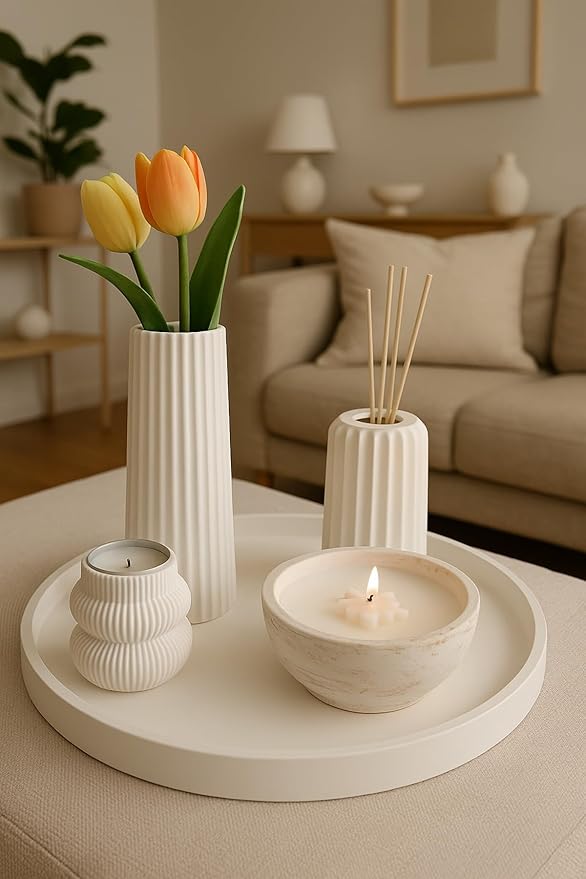 Decorative Concrete Set - Vase, Candle Holder, Room Freshener, and Tray, Minimalist Home Accessories, White - White, One Size