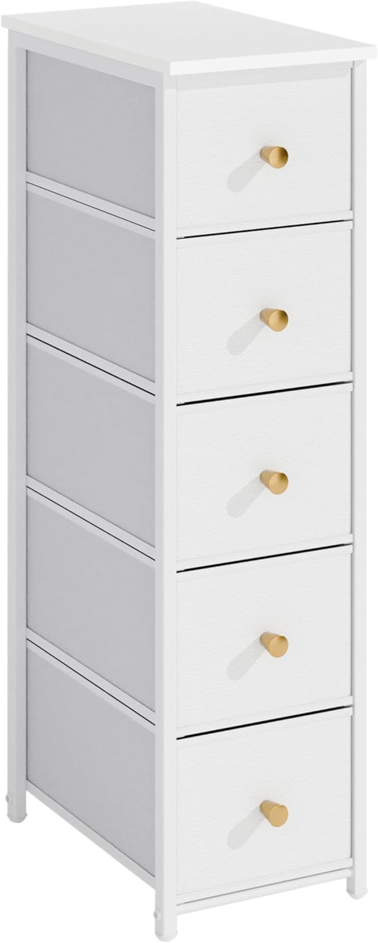 Narrow Storage Cabinet for Small Spaces Slim Skinny Bathroom Dresser Tall Dorm Nightstand Thin Organizer for Bathroom Bedroom (White, 5 Drawers)