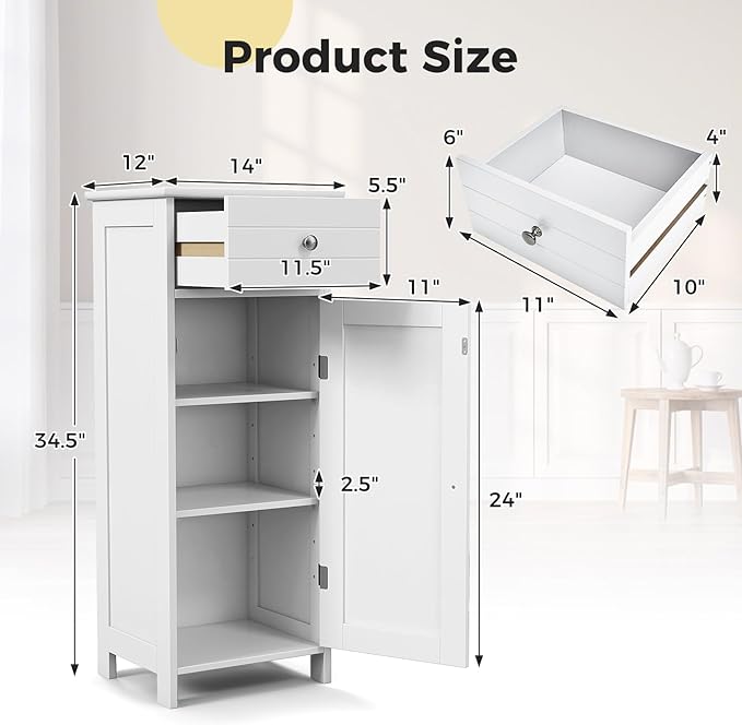 NAFORT Bathroom Floor Cabinet, Freestanding Wooden Side Storage Cabinet with Drawer & Adjustable Shelves, Slim Storage Organizer for Bathroom, Living Room, Kitchen