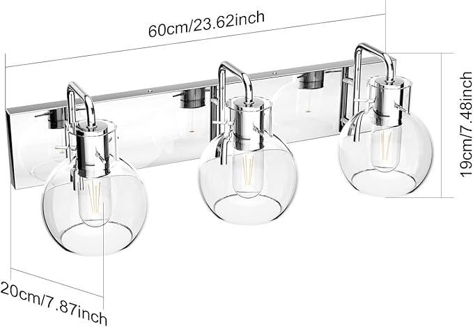 Tipace Modern Bathroom Vanity Lighting Fixtures 3-Lights Industrial Stainless Steel Chrome Finish with Globe Clear Glass Vanity Lights Farmhouse Bath Lighting(Exclude Bulb)