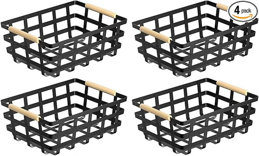 4 Packs Large Metal Storage Baskets,Farmhouse Baskets,Matte Black Pantry Organizer Baskets with Wood Handle, Metal Baskets Bins for Kitchen Pantry Shelf Cabinets