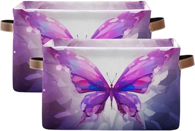 Storage Basket Purple Butterfly Rectangular Collapsible Canvas Shelves Storage Bins with Leather Handles for Shelves Home Closet Bedroom Living Room, 1Pack
