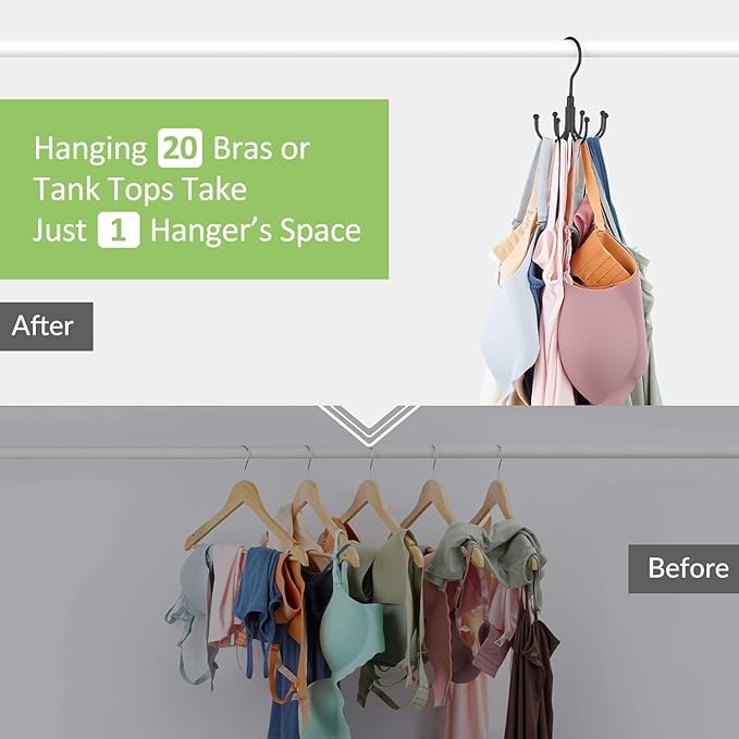 2 Pack Tank Top Hanger, Rotatable Bra Hanger for Closet, Max 24 Capacity Metal Tank Top Holder Storage Space Saving Sport Bra Organizer, Black
