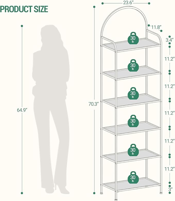 Bookcase Bookshelf, Tempered Glass Bookshelves, Slim Shelving Unit for Bedroom, Bathroom, Home Office, Steel Frame, 6 Tier Gold BC21699G