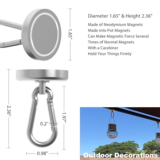 Ant Mag Heavy Duty Neodymium Magnet Hooks with Swiveling Carabiner - 140LBS Pull Force, Indoor/Outdoor Hanging, Kitchen, Garage, Cruise Ship (2 Pack)