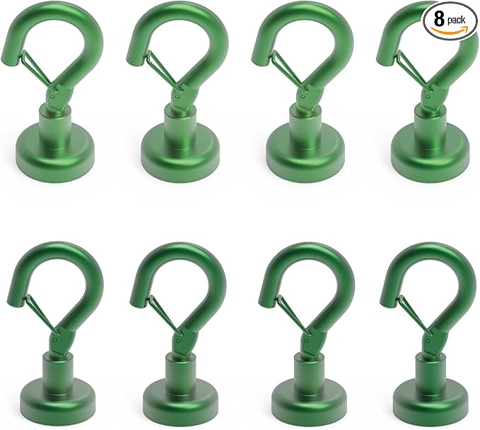 Ant Mag Magnetic Hooks Heavy Duty with Snap 22lbs Strong Green Magnet Hooks Great Hanging for Refrigerator, Cruise Cabin, Grill, Wreath,Kitchen,Office 8 Pack