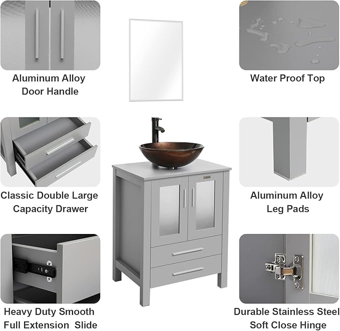 eclife 24" Modern Bathroom Vanity Sink Combo Freestanding Cabinet with Soft Closing Door, Brown Round Glass Vessel Sink, Water Save Faucet, Drain (Gray+A09)