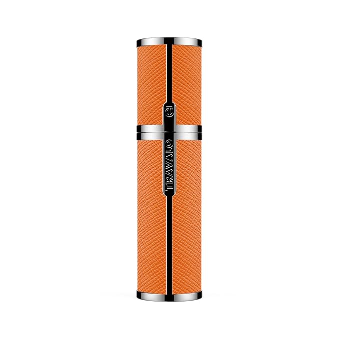 Milano Perfume Atomizer - Leak-Proof and TSA Approved for Air Travel - Reusable, Airtight, Easy Fill Mini Pump Sprayer - Lightweight, Vegan Leather with Polished Metal Outer Shell - Orange