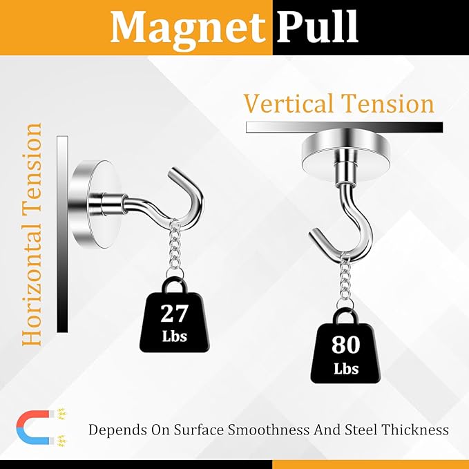 E BAVITE Heavy Duty Magnetic Hooks,80 LBS Strong Neodymium Magnet Hook for Home, Kitchen, Workplace, Office and Garage, 25mm(0.98inch) in Diameter - Pack of 8