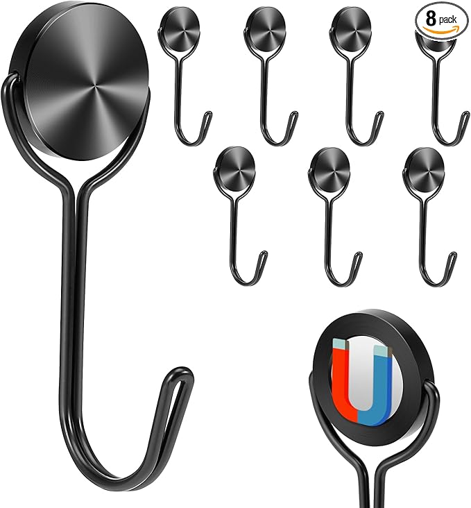 Magnetic Hooks, Magnet Hooks for Cruise Refrigerator Grill,Strong Magnets with Hooks for Home Kitchen, Garage Key Holder,8pack （Black,0.9in-1 15Lbs）