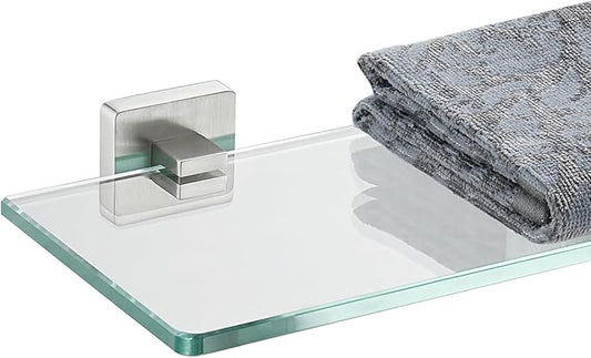 JQK Bathroom Glass Shelf, Floating Tempered Glass Shower Storage 24 by 5 inches, 304 Stainless Steel Brushed Finish Wall Mount, TGS201L24-BN