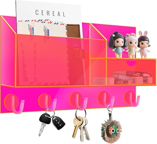 Acrylic Key Holder Wall Mount Mail Organizer for Wall with Shelf Storage Drawer and 5 Hooks, Neon Pink