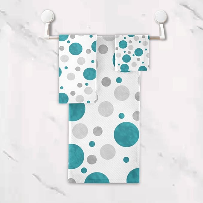 Bath Towels Set,Soft Absorbent Blue Aqua Teal Gray White Polka Dots Abstract Circles Classic Contemporary Design 3 Piece Luxury Bathroom Towels,1 Bath Towel,1 Hand Towel,1 Washcloth for Spa