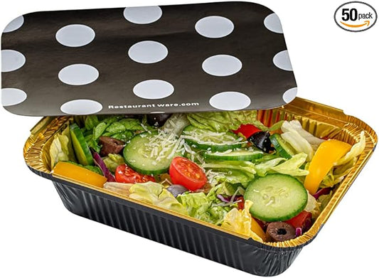 Restaurantware 16 Ounce Disposable Takeout Containers 50 Rectangle Food Containers - With Polka Dot Lids Black And Gold Takeaway Containers Aluminum Delivery Containers Freezable