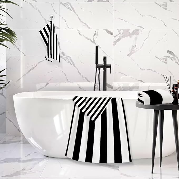 White Black Striped Bath Towels Set, 3-Piece Modern Fashion Set (1 Bath, 1 Hand, 1 Washcloth), Absorbent Microfiber Decorative Bathroom Towels for Fingertip, Hair, Face