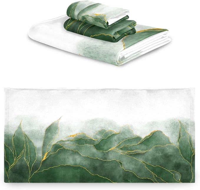 3 Piece Ombre Green Leave Bath Towels Set,Microfiber Absorbent Emerald Green Gold Marble Texture Towels for Bathroom,1 Bath Towel,1 Hand Towel,1 Washcloth,Modern Decorative Bathroom Towels