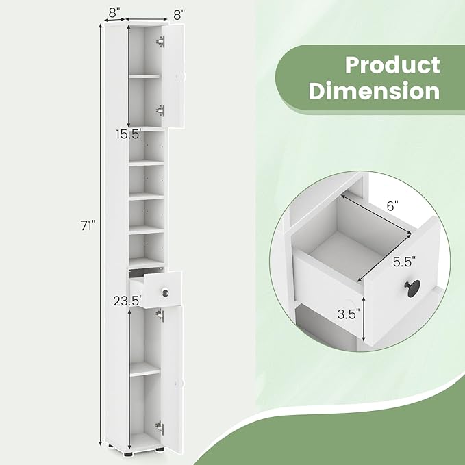 SIMOE Tall Bathroom Storage Cabinet, 32.5lbs Heavy-Duty 8" Slim Narrow Floor Cabinet with 5 Adjustable Shelves & Drawer, 71" Freestanding Skinny Linen Tower for Small Spaces, Moisture-Proof, White