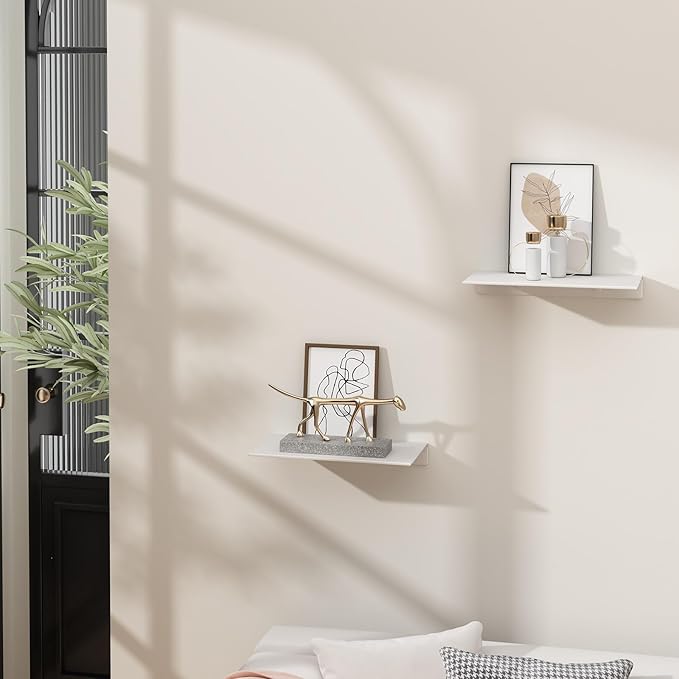 Danpoo White Floating Shelves for Wall Storage, Metal Wall Shelves for Bedroom, Living Room, Kitchen, Small Bathroom Shelves Wall Mount, 8" Mini Display Shelf for Collectibles(2 PCS)