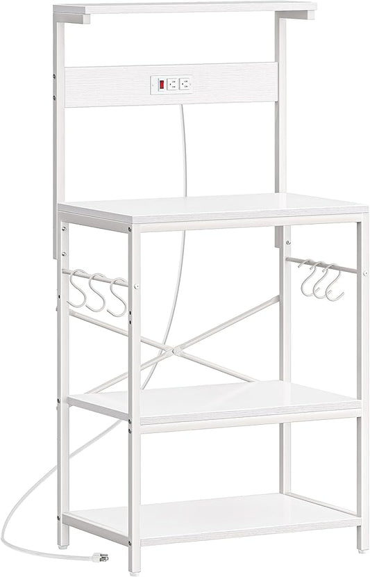 SUPERJARE Kitchen Bakers Rack with Power Outlet, Coffee Bar Table 4 Tiers, Kitchen Microwave Stand with 6 S-Shaped Hooks, Storage Shelf Rack for Spices, Pots and Pans - White
