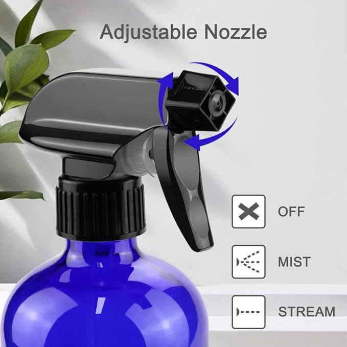 Glass Spray Bottles, 16oz Blue Glass Spray Bottles with Labels & Adjustable Nozzle, Reusable Containers for Cleaning, BBQ, Food, Plants, Alcohol, Essential Oils(1 Pack)