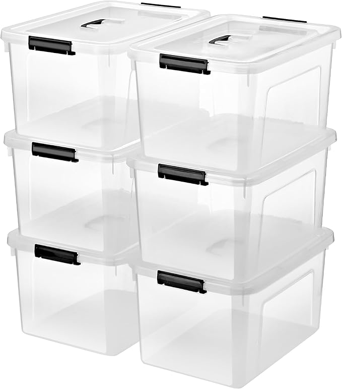 JUJIAJIA 6-Pack 19 Quart Clear Storage Bins with Lids & Handles | Stackable Organizing Boxes