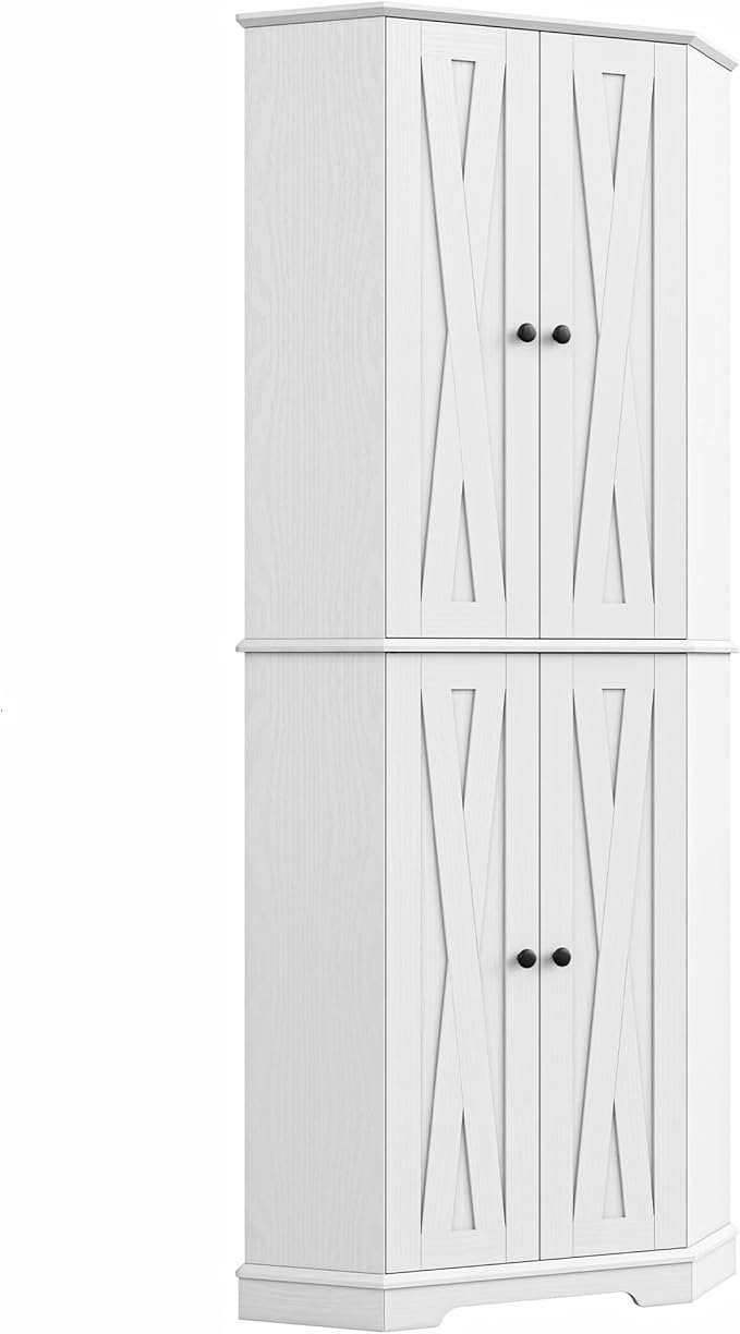 IRONCK Corner Cabinet, 72" H Kitchen Pantry Storage Cabinet, 4 Barn Doors with Storage Rack, 4 Adjustable Shelves, 6-Tier Tall Food Pantry Cabinet, Farmhouse Hutch for Kitchen Dining Room, White