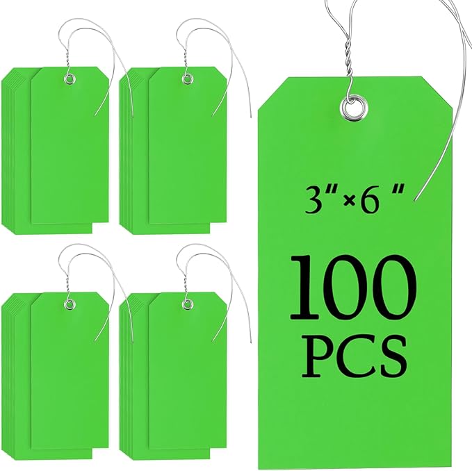 100 Pieces 3x6 inch Large Plastic Shipping Tags with String Heavy Duty Waterproof Hang Tags with String Attached Writable Wire Tags Labels for Luggage Garage Inventory Car Parts (Green)
