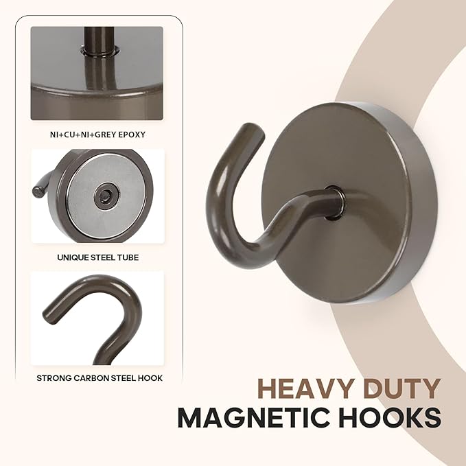 Neosmuk Magnetic Hooks, Cruise Ship Essentials, 120lb+ Heavy Duty Magnetic Hooks for Cruise Cabins, Refrigerator, Grill, Hanging, and Travel | Extra Strong Must-Haves Magnet Hook,Brown