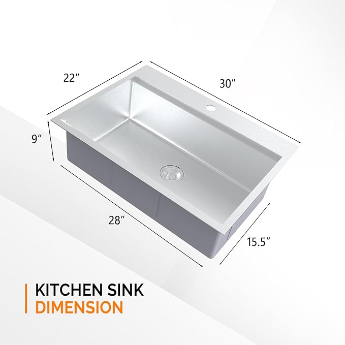 ROVSUN 30 Inch Stainless Steel Drop In, Kitchen Utility Sink, Workstation Deep Single Bowl, Integrated Ledge Multifunctional Workstation Sink Set,Silver
