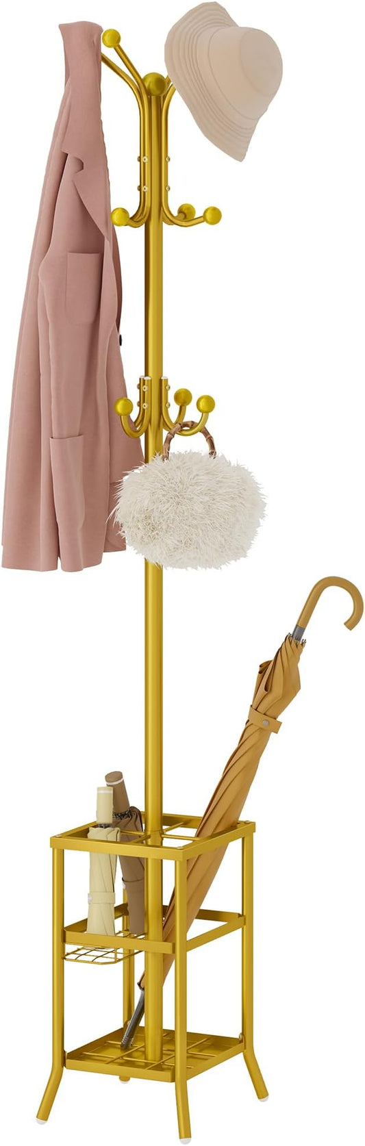 FAVOOSTY Coat Rack Freestanding,Coat Rack Stand with Umbrella Holder,Metal Coat Tree with 12 Hooks,Tree Clothes Hat for Entryway, Hallway, Bedroom, Living Room & Office -Glod