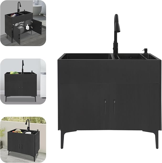 32-Inch Utility Sink Cabinet with Pull-Out Sprayer Faucet, Laundry Sink with Cabinets and Stainless Steel Double Sinks, Freestanding Cabinet with Sink for Laundry&Utility Room, Kitchen, Bathroom