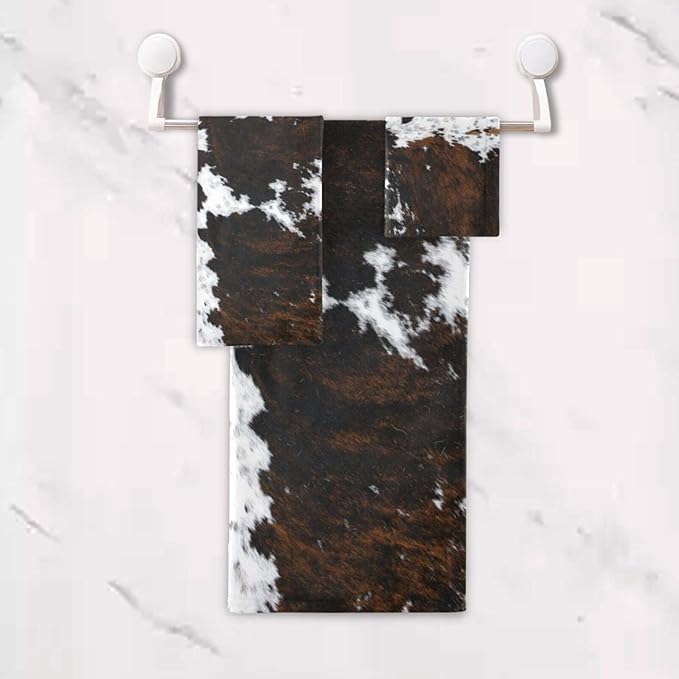 3 Piece Cow Fur Bath Towel Set,Microfiber Decorative White Black Brown Cow Print Country Farmhouse Cowhide Bathroom Towels,1 Bath Towel 1 Hand Towel for Bathroom Kitchen,1 Washcloth for Face